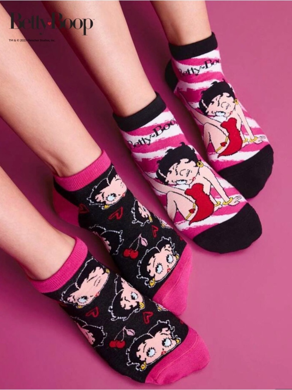 Betty Boop Low Cut Ankle Socks TWO PAIRS Character Prints Pink Black NWOT